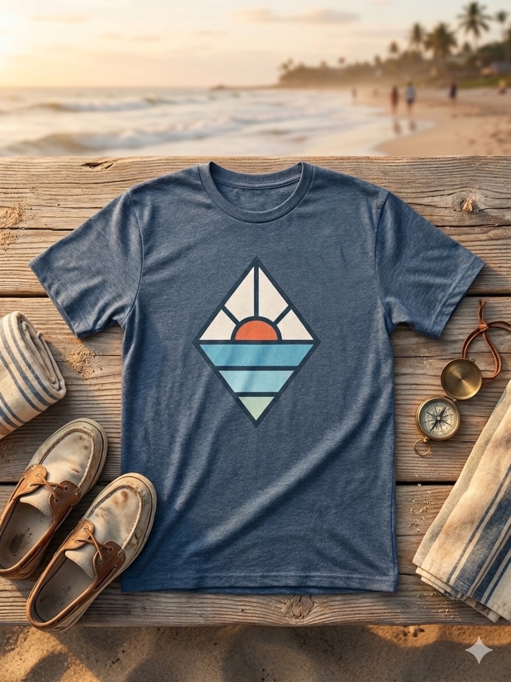 Men's Blue Graphic Tee with Sunrise Diamond Motif